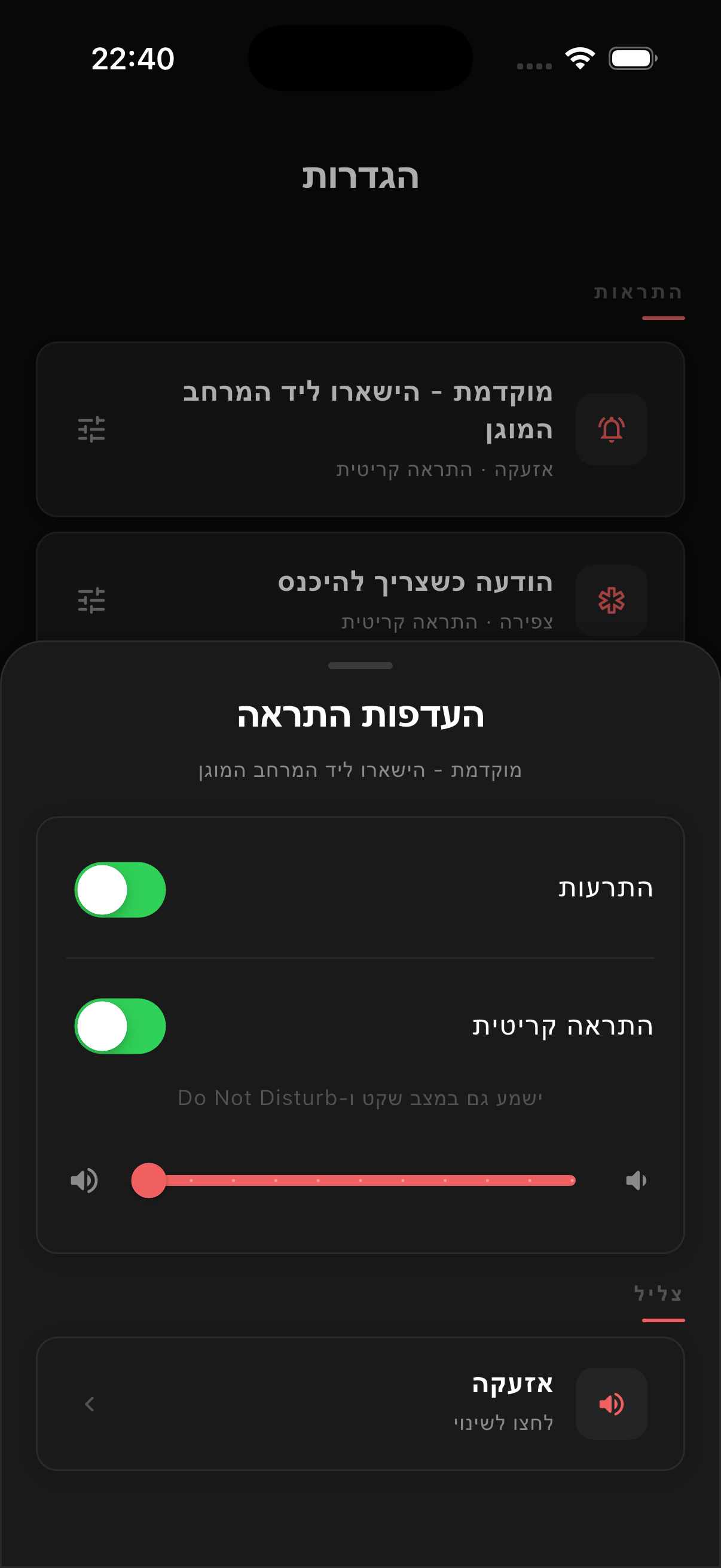 מסך הגדרות התרעה מפורטות